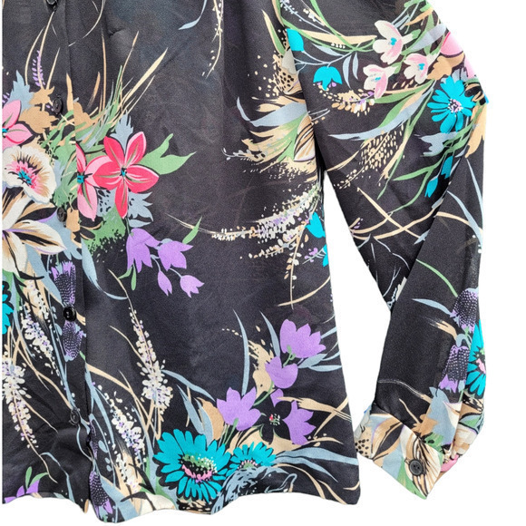 Teddi California Vintage 70s Sheer Tropical High Collar Long Sleeve Blouse Top - Picture 7 of 13